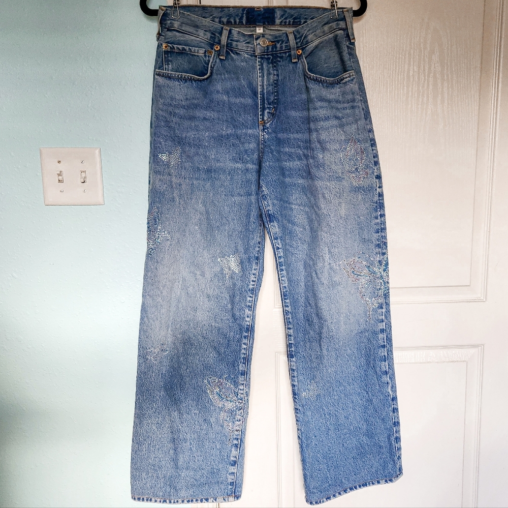 AGOLDE Light Wash Fusion Mid-Rise Relaxed Jeans Rhinestone Butterflies Y2K Sz 27